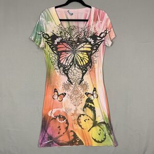 MI MANCHI Butterfly Dress LG Multicolor Mixed Print Embelished Grommets Spring‎